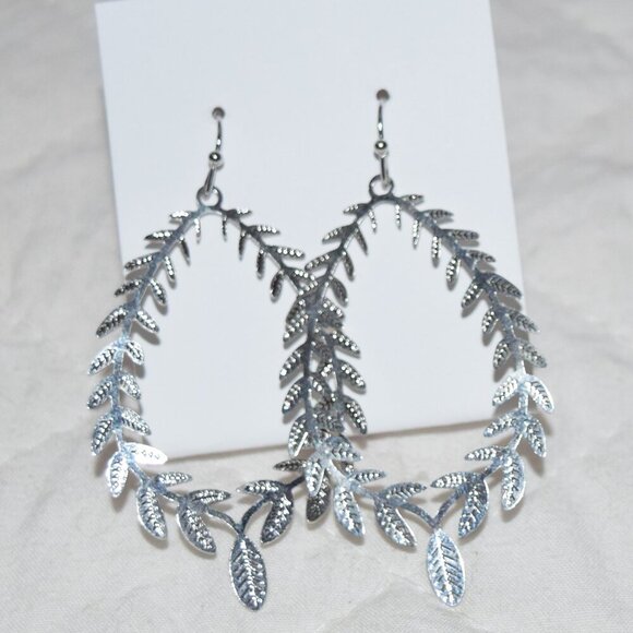 Silver Leaf Dangle Hoop Earrings - Picture 2 of 2